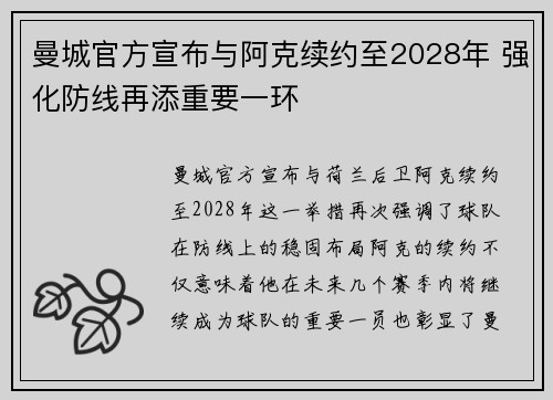 曼城官方宣布与阿克续约至2028年 强化防线再添重要一环